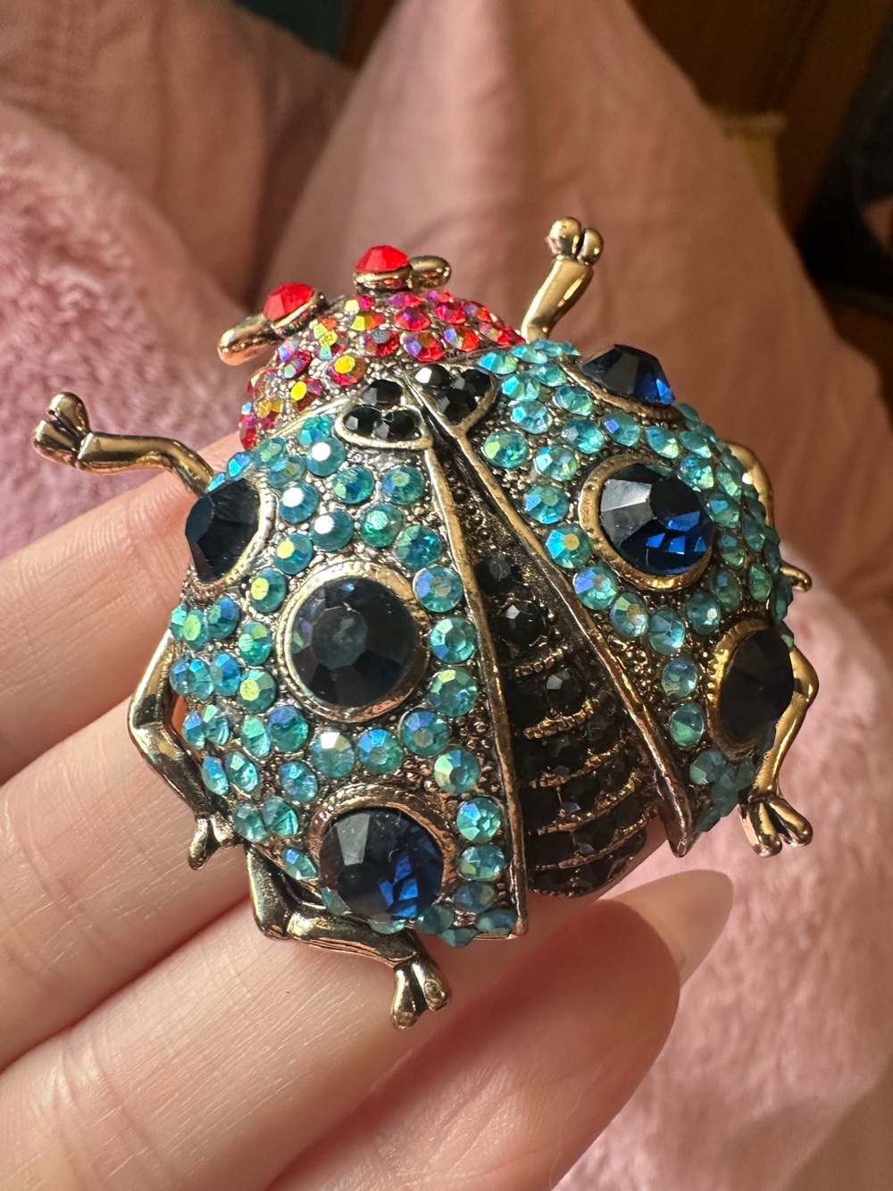 Gold Tone Iridescent Jeweled Beetle Brooch